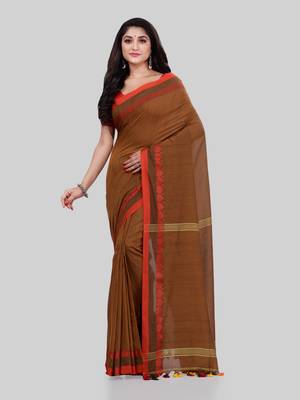Brown woven cotton saree with blouse 1