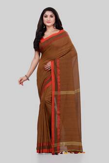 Brown woven cotton saree with blouse