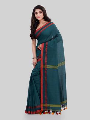 Green woven cotton saree with blouse 4
