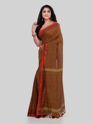 Brown woven cotton saree with blouse 2