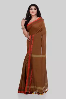 Brown woven cotton saree with blouse