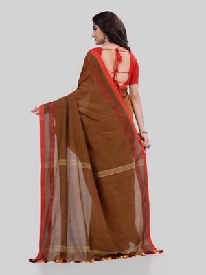 Brown woven cotton saree with blouse 3