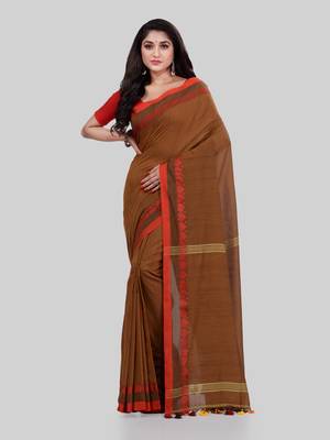 Brown woven cotton saree with blouse 4