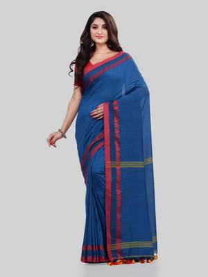 Blue woven cotton saree with blouse 1