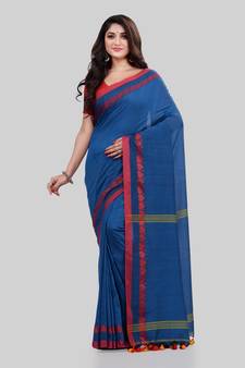 Blue woven cotton saree with blouse