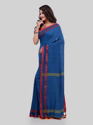 Blue woven cotton saree with blouse 2