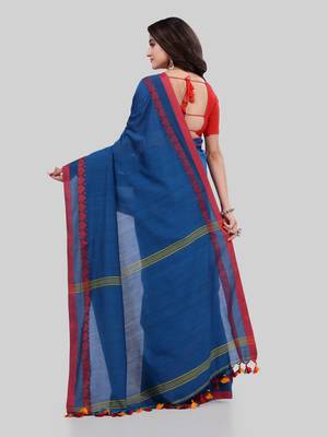 Blue woven cotton saree with blouse 3