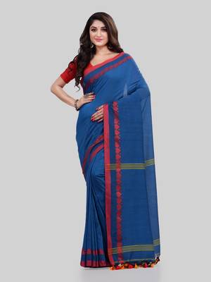 Blue woven cotton saree with blouse 4