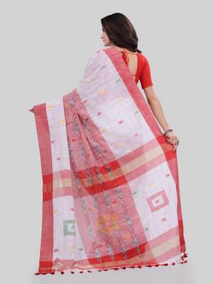 White woven cotton saree with blouse 3