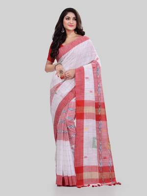 White woven cotton saree with blouse 4