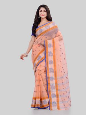 Peach Woven Cotton Saree Without Blouse 1