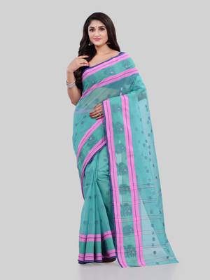 Turquoise Woven Cotton Saree Without Blouse 1