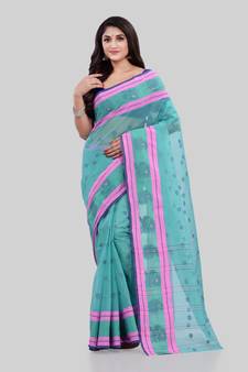 Turquoise Woven Cotton Saree Without Blouse