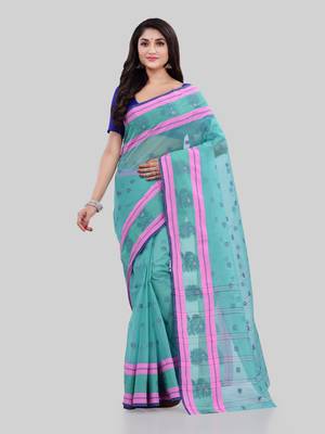 Turquoise Woven Cotton Saree Without Blouse 2