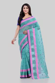 Turquoise Woven Cotton Saree Without Blouse