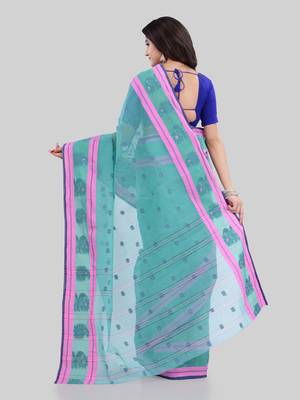 Turquoise Woven Cotton Saree Without Blouse 3