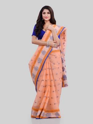 Peach Woven Cotton Saree Without Blouse 4