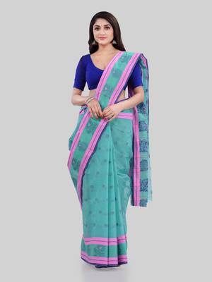 Turquoise Woven Cotton Saree Without Blouse 4