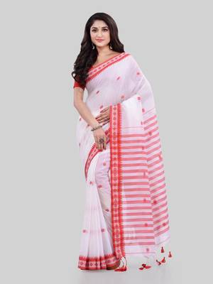White woven cotton saree with blouse 1