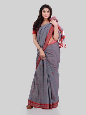 Grey woven cotton saree with blouse 4
