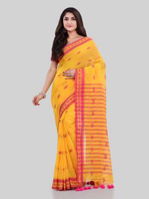 Yellow woven cotton saree with blouse 1