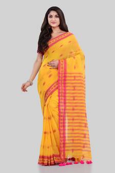 Yellow woven cotton saree with blouse