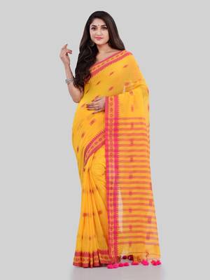 Yellow woven cotton saree with blouse 2