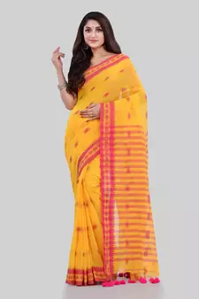 Yellow woven cotton saree with blouse
