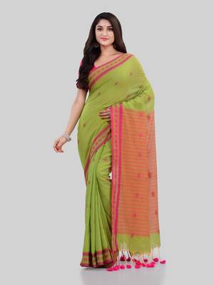 Green woven cotton saree with blouse 1