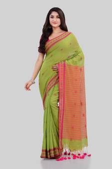 Green woven cotton saree with blouse