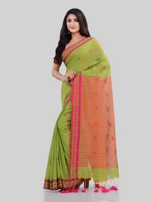 Green woven cotton saree with blouse 2