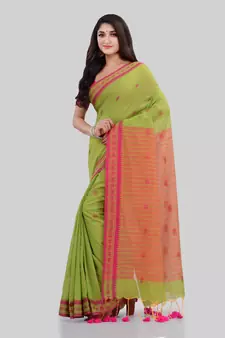 Green woven cotton saree with blouse