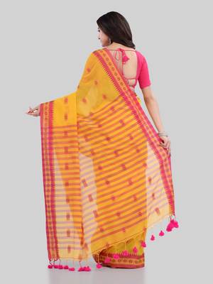 Yellow woven cotton saree with blouse 3