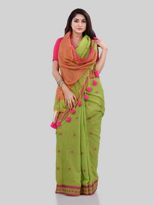 Green woven cotton saree with blouse 4