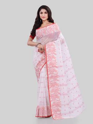 White Woven Cotton Saree Without Blouse 1