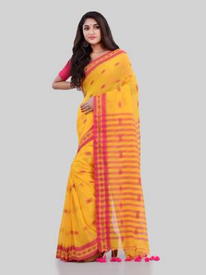 Yellow woven cotton saree with blouse 4