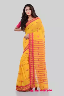 Yellow woven cotton saree with blouse