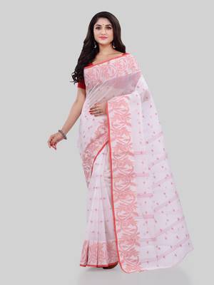 White Woven Cotton Saree Without Blouse 2
