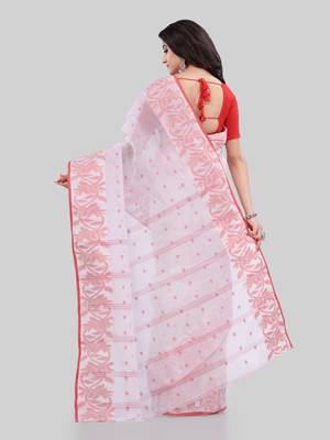 White Woven Cotton Saree Without Blouse 3