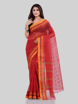 Red Woven Cotton Saree Without Blouse 1