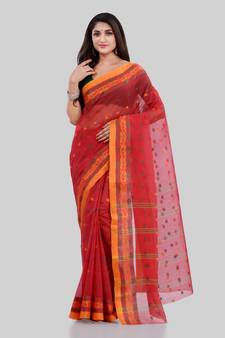 Red Woven Cotton Saree Without Blouse
