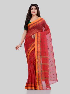 Red Woven Cotton Saree Without Blouse 2