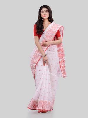 White Woven Cotton Saree Without Blouse 4
