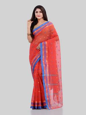Orange Woven Cotton Saree Without Blouse 1