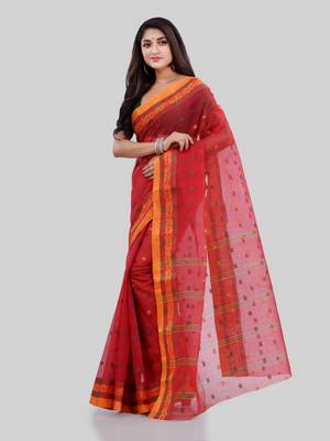 Red Woven Cotton Saree Without Blouse 3