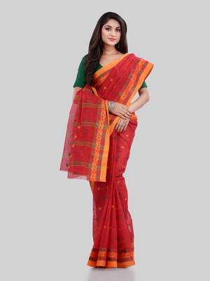 Red Woven Cotton Saree Without Blouse 4