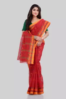 Red Woven Cotton Saree Without Blouse