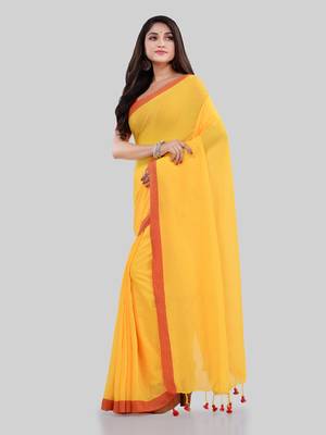 Yellow woven cotton saree with blouse 2