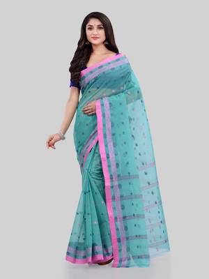 Turquoise Woven Cotton Saree Without Blouse 1