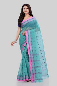 Turquoise Woven Cotton Saree Without Blouse